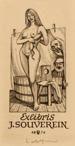 Exlibris by Oswin Volkamer from Germany for Johannes Souverein - Woman Nude 