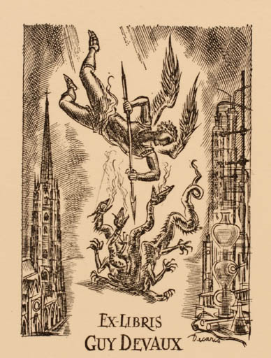 Exlibris by Albert Decaris from France for Guy Devaux - Angel Fable Animal Religion 