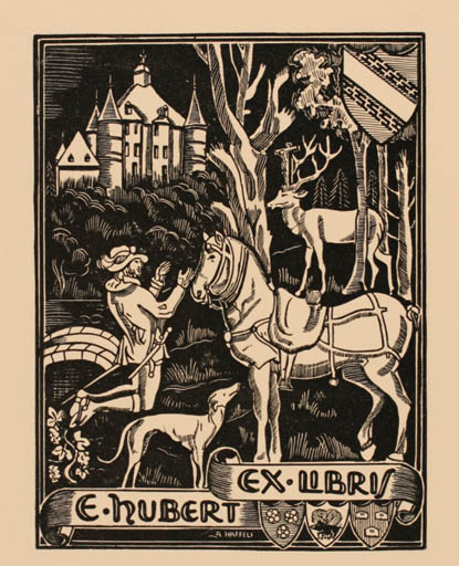 Exlibris by Albert Haffeli from France for E. Hubert - Fauna Horse Dog 