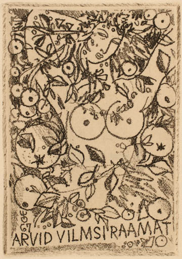 Exlibris by Evald Okas from Estonia for Arvid Vilms - Flora Fruit Woman Nude 