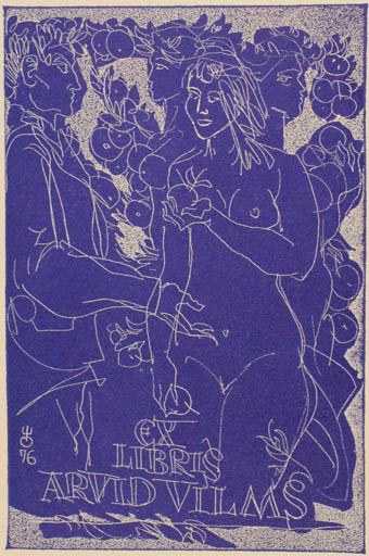 Exlibris by Evald Okas from Estonia for Arvid Vilms - Erotica Fruit Woman Nude 