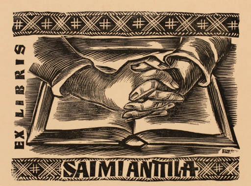 Exlibris by Johann Naha from Germany for Saimi Anttila - Book Hand(s) 