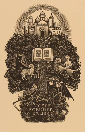 Exlibris by Pam Georg Rueter from Netherland for Josef Gruber - Fauna Religion 