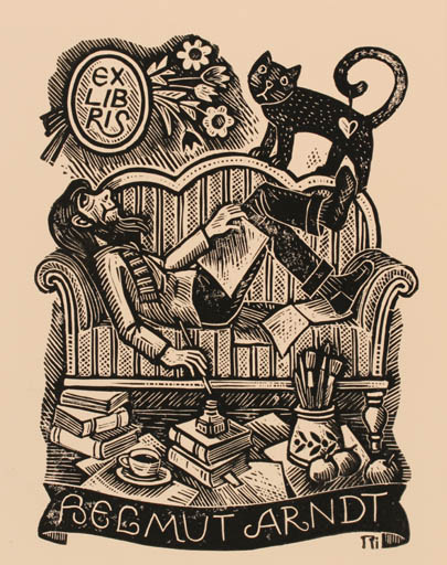 Exlibris by W. Richter from Germany for Helmut Arndt - Book Interior Cat Man 