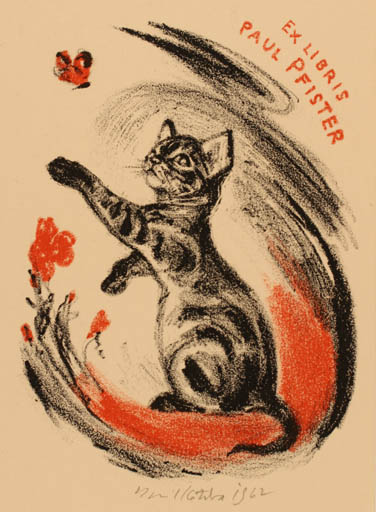 Exlibris by Emil Kotrba from Czechoslovakia for Paul Pfister - Cat Butterfly 