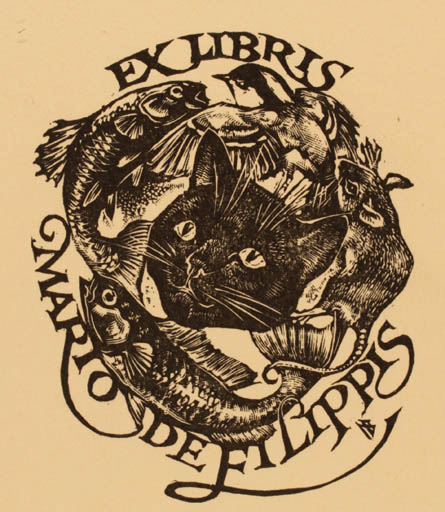 Exlibris by Leslie Benenson from Great Britain for Mario de Filippis - Fauna Fish Cat 