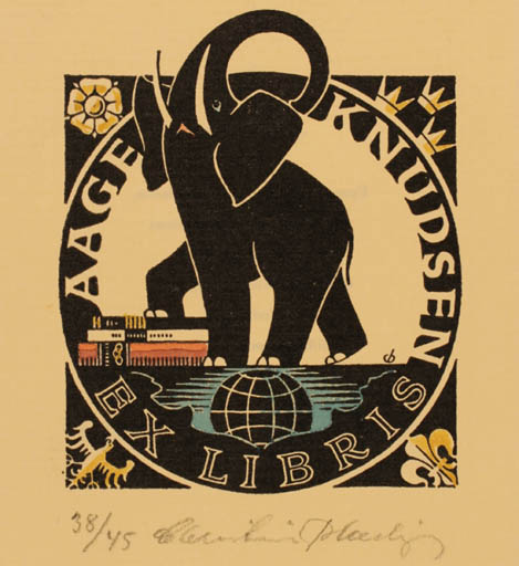 Exlibris by Christian Blæsbjerg from Denmark for Aage Knudsen - Fauna Globe 