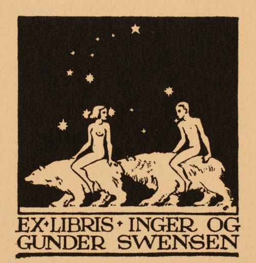 Exlibris by Albert Jaern from Norway for Inger og Gunder Swensen - Fauna Nude Couple 