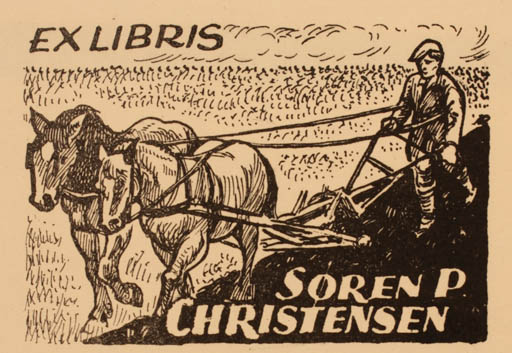 Exlibris by Jenö Kertes-Kollmann from Hungary for Søren P. Christensen - Working Horse Man 