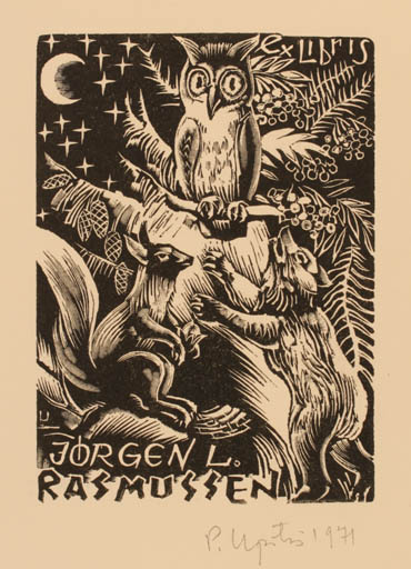 Exlibris by Peteris Upitis from Latvia for Jørgen Lindhardt Rasmussen - Fauna Owl 