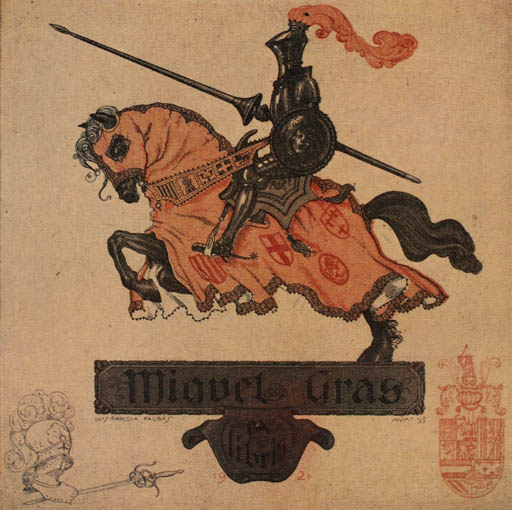 Exlibris by Luis Garcia Falgas from Spain for Miguel Gras - Horse Knight Horseman/Rider 