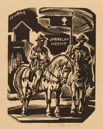 Exlibris by Emil Kotrba from Czechoslovakia for Jaroslav Hecht - Horse Knight Horseman/Rider 