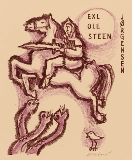 Exlibris by Miroslav Matous from Czechoslovakia for Ole Steen Jørgensen - Horse Knight Horseman/Rider Sct.G. and the Dragon 