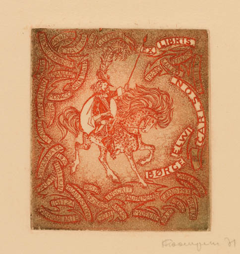 Exlibris by Imbi Ploompuu from Estonia for Börge Elwi Carlson - Horse Knight Horseman/Rider 