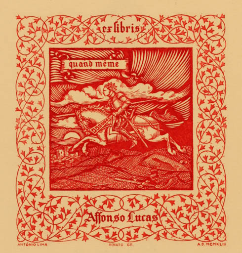 Exlibris by Antonio / Renato Lima from Portugal for Affonso Lucas - Horse Knight Horseman/Rider 