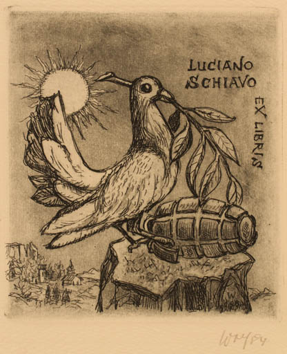 Exlibris by Remo Wolf from Italy for Luciano Schiavo - Bird Sun Weapon 