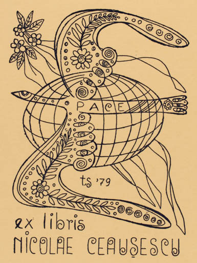 Exlibris by Tit Simionescu from Romania for Nicolae Ceausescu - Bird Globe 