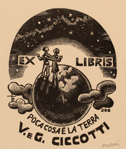 Exlibris by Oriol M. Divi from Spain for V. e G. Ciccotti - Globe Cosmos Couple 