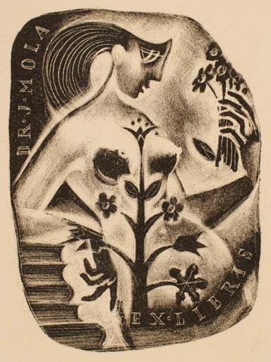 Exlibris by Dobroslava Bilovska from Czech Republic for Dr. J. Mola - Flora Woman Nude 