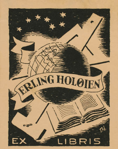 Exlibris by T. Helgerud from Norway for Erling Holøien - Book Globe Cosmos 