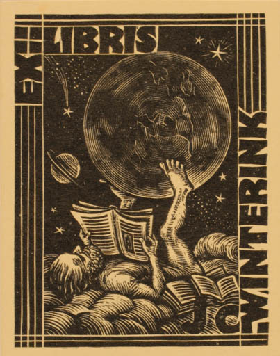 Exlibris by Nicolaas Bulder from Netherland for Jo Winterink - Book Globe Cosmos Man 