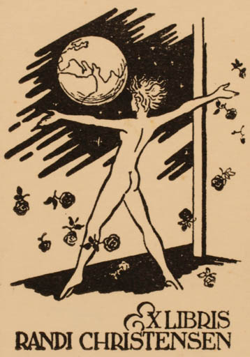 Exlibris by Albert Jaern from Norway for Randi Christensen - Globe Cosmos Woman Nude 