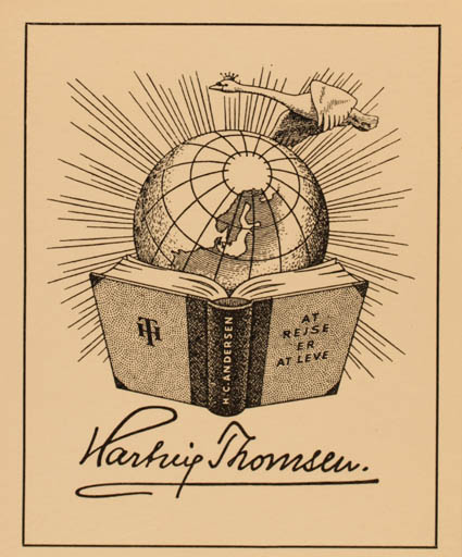 Exlibris by E. von Linstow from Denmark for Hartvig Thomsen - Book Bird Globe 