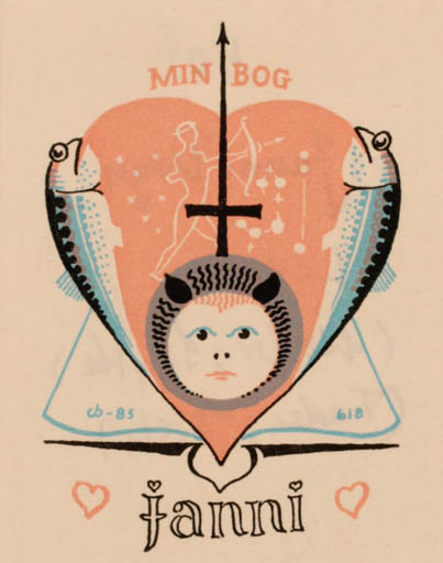 Exlibris by Christian Blæsbjerg from Denmark for Janni Degn - Fish Cosmos 