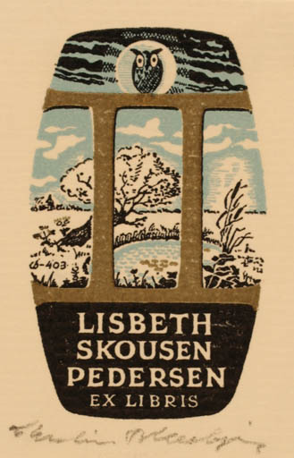 Exlibris by Christian Blæsbjerg from Denmark for Lisbeth Skousen Pedersen - Scenery/Landscape Owl 