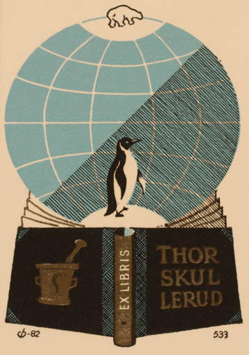 Exlibris by Christian Blæsbjerg from Denmark for Thor Skullerud - Book Bird Globe 