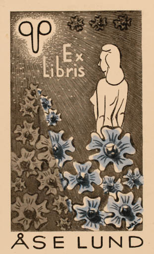 Exlibris by Odd Walerius from Norway for Åse Lund - Flower Cosmos Woman 