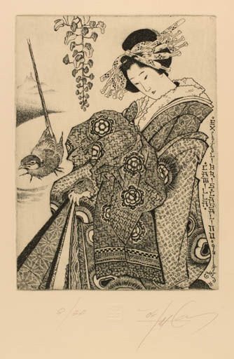 Exlibris by Luigi Casalino from Italy for ? ? - Bird Woman Oriental 