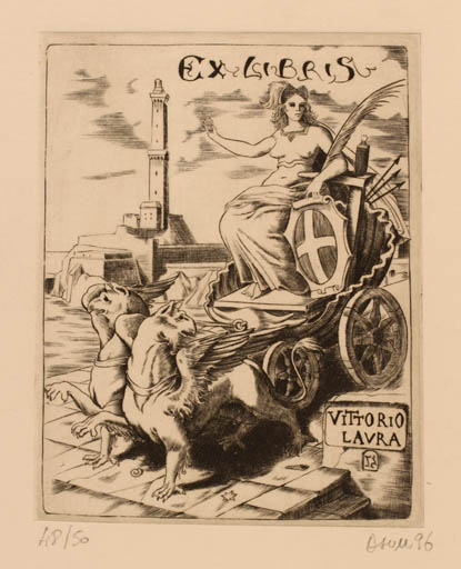 Exlibris by Luca Daum from Italy for Vittorio Laura - Fable Animal Woman Mythology 