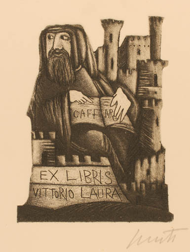 Exlibris by Emanuele Luzzati from Italy for Vittorio Laura - Castle/Palace Man 