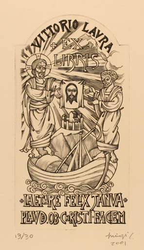 Exlibris by Luigi Crovetto from Italy for Vittorio Laura - Religion Ship/Boat 