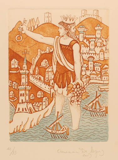 Exlibris by Annamaria De Nigris from Italy for Vittorio Laura - City Fairytale/fable Ship/Boat 