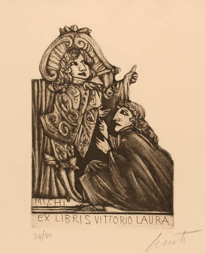 Exlibris by Emanuele Luzzati from Italy for Vittorio Laura - 