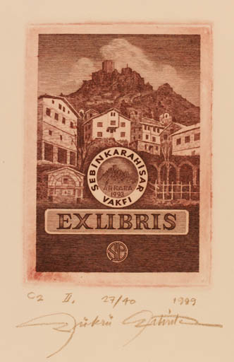 Exlibris by Sükrü Ertürk from Turkey for Sebinkarahisar Vakfi - Mountain City Ruin 