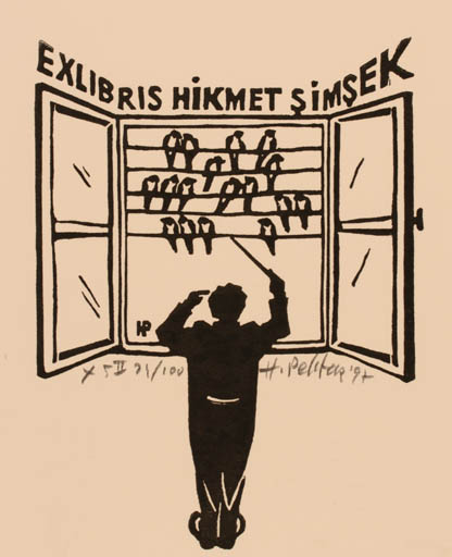 Exlibris by Hasip Pektas from Turkey for Hikmet Simsek - Bird Man Music 