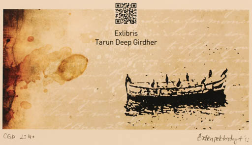 Exlibris by Özden Pektas Turgut from Turkey for Tarun Deep Girdher - Ship/Boat 