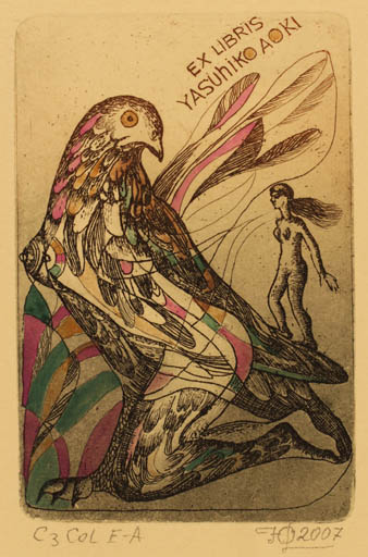 Exlibris by Yurij Smirnov from Russia for Yasuhiko Aoki - Bird Woman 