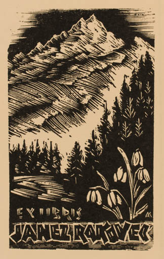 Exlibris by Kàroly Andrusko from Yugoslavia for Janez Rakovec - Mountain 