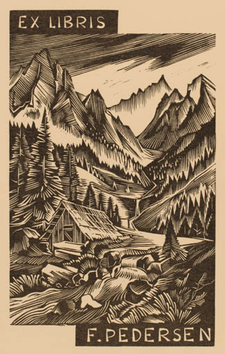 Exlibris by Josef Weiser from Czechoslovakia for Frank Pedersen - Mountain Scenery/Landscape 