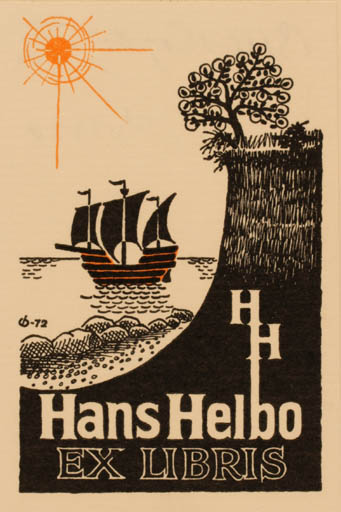 Exlibris by Christian Blæsbjerg from Denmark for Hans Helbo - Maritime Ship/Boat Sun 