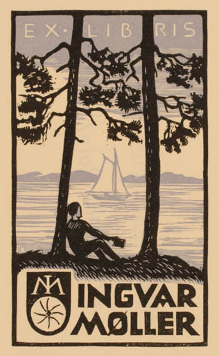 Exlibris by Hans Michael Bungter from Germany for Ingvar Møller - Man Maritime Ship/Boat Tree 