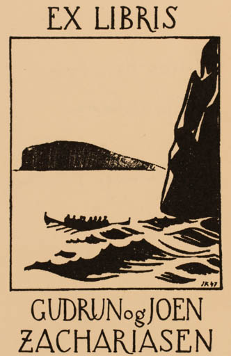 Exlibris by Janus Kamban from Denmark for Gudrun og Joen Zachariasen - Mountain Maritime Ship/Boat 