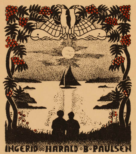Exlibris by Normand Laheld from Norway for Ingerid, Harald B. Paulsen - Maritime Couple Ship/Boat Sun 