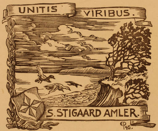 Exlibris by Edmund Peter from Denmark for S. Stigaard Amler - Bird Maritime Tree 