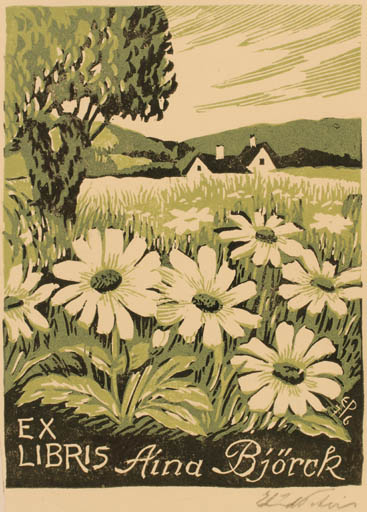 Exlibris by Edmund Peter from Denmark for Aina Björck - Flower Scenery/Landscape Tree 