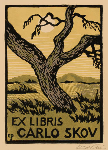 Exlibris by Edmund Peter from Denmark for Carlo Skov - Scenery/Landscape Sun Tree 